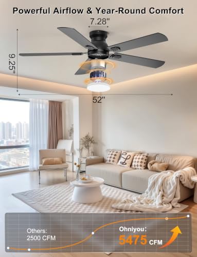 Ohniyou 52'' Black Low Profile Ceiling Fan with Lights, Remote & App Control