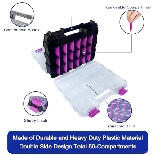 Busy-Corner Purple 50-Compartment Double-Sided Parts Organizer Box with Removable Dividers