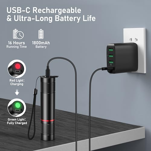 Blukar Rechargeable LED Flashlight - Black, Adjustable Focus, 4 Modes, USB-C