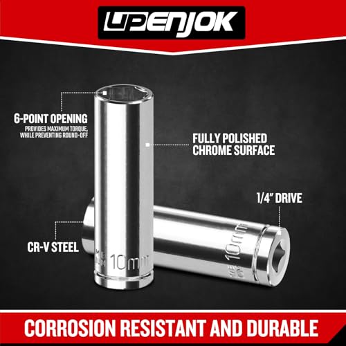 2PCS 1/4" Drive 10mm Socket Set, Deep, Mirror Finish, Cr-V Steel, 6-Point