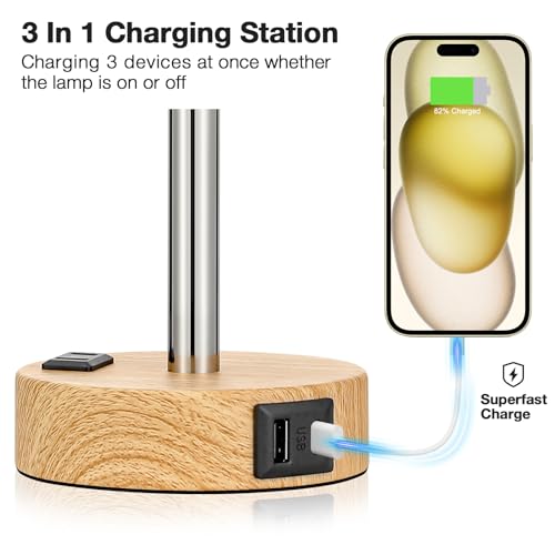 Fenmzee Cream Shade Wood Base Dimmable Touch Bedside Table Lamp with USB-C, USB-A & Outlet
