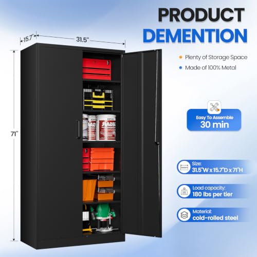 MIIIKO 71" Tall Metal Garage Cabinet with 2 Doors, 5 Shelves, Locking 0.8mm Steel