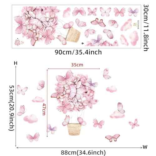 Pink Butterfly Hot Air Balloon Wall Stickers, sacinora DIY Cartoon Art Wall Decals Removable Vinyl Peel and Stick for Kids Baby Girl Nursery Bedroom Children's Room Studyroom Playroom Decorations