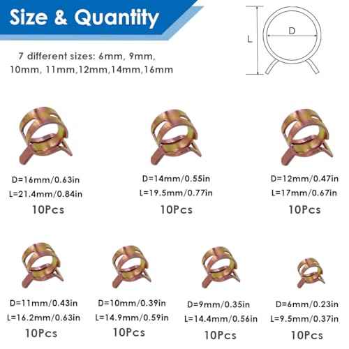 Tnisesm 70 Pcs 6-16mm Spring Hose Clamp Assortment kits, Silicone Vacuum Hose Action Pipe Clamp Low Pressure Air Clip Clamp for Hose Clamps(6mm, 9mm, 10mm, 11mm, 12mm, 14mm, 16mm) TN-23