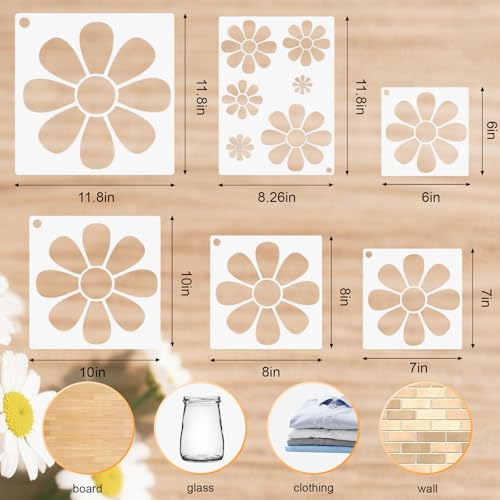 Large Flower Stencils for Painting on Walls, 6-12 Inch Daisy Stencil Reusable Floral Template for Wood Fence Canvas Fabric Crafts DIY Wall Art (6 Pack)