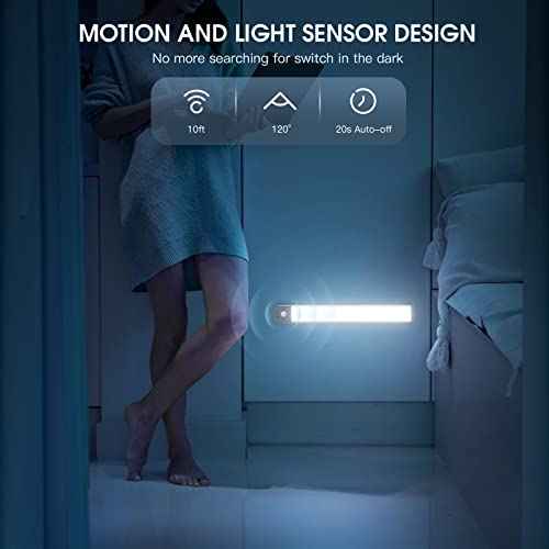 10inch Under Cabinet Lighting, 2 Pack Rechargeable Motion Sensor Light Indoor, 5 Levels Dimmable Magnetic Closet Lights, Wireless Under Counter Lights for Kitchen, Stairs