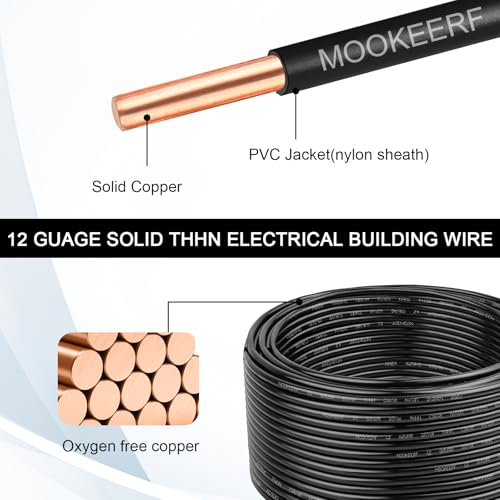 MOOKEERF 12 Gauge 25FT Solid Copper THHN Electrical Wire - Black, 600V