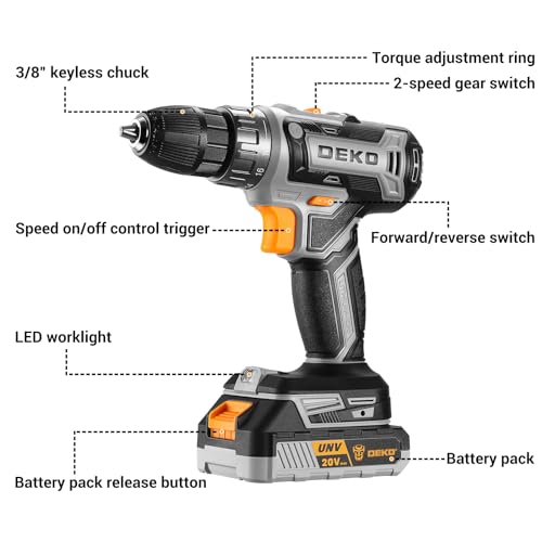 DEKOPRO 20V Cordless Power Drill Set with Battery & Charger - Gray