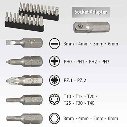 FIRSTINFO H5199A Screwdriver Bit Set | S2 Alloy Steel | 1/4" Hex Head 25mm Long, 21 Pieces with Phillips, Hex, Star, Flat