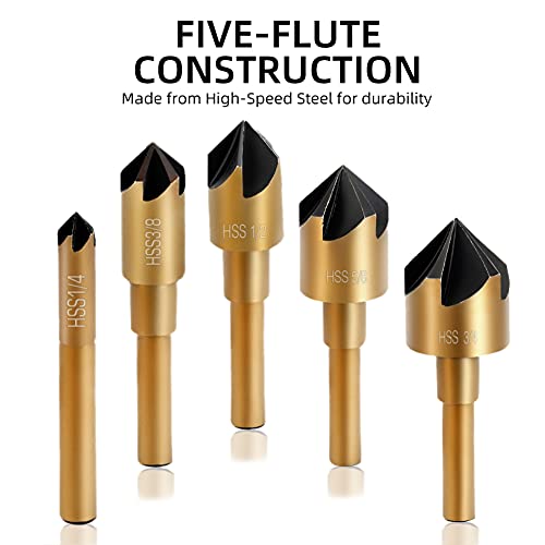 Aleric Countersink Drill Bit Set, High Speed Steel Counter Sinker Drill Bit 5Pcs 5 Flute 6mm Hex Shank with 82 Degree Mill Cutter Bit Countersink Bits for Wood Metal in Size 1/4¡± 3/8¡± 1/2¡± 5/8¡± 3/4¡±