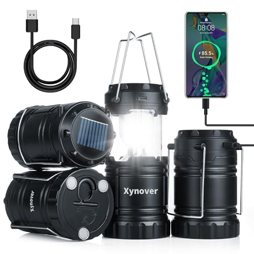 Xynover 4-Pack 3-in-1 Solar Rechargeable Camping Lanterns with Power Bank, Collapsible Waterproof LED Light