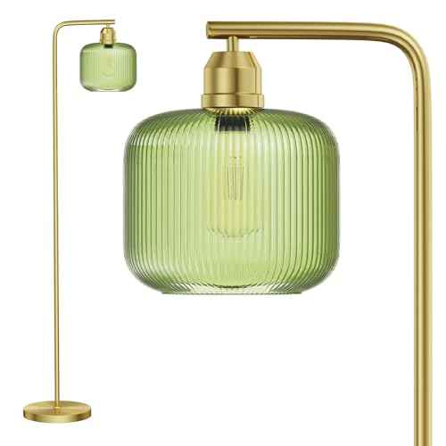 Glass Floor Lamp for Living Room, Modern Standing Lamp with Green Ribbed Glass Lampshade and Pedal Switch, 66¡± Tall Lamp & Gold Floor Lamp for Bedroom Study Room,Brushed Gold(3000K LED Bulb Included)
