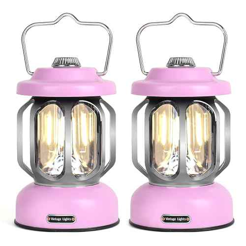 Rechargeable LED Camping Lanterns, Vintage Camping Lights Battery Operated, Portable Retro Metal Glamping Lights for Hiking, Hurricane, Decoration, Power outages, Pink, 2 Pack
