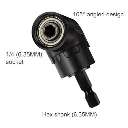 4-in-1 Impact Drill Bit Extension Set with a 105¡Æ angle screwdriver bit, right angle drill adaptor, and 360¡Æ rotatable socket adapters for 1/4", 3/8", and 1/2" sizes