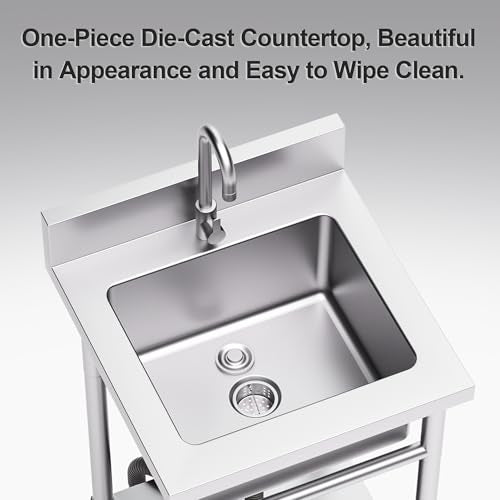 19in Stainless Steel Utility Sink with Hot & Cold Water Pipes - Free Standing Kitchen & Laundry