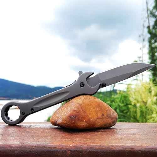 Pocket Knife, Unique Utility Pocket Folding Knife with 14mm and 19mm wrenchs, Titanium plated Great Gift EDC Knife For Daily Work Outdoor Camping (Grey)