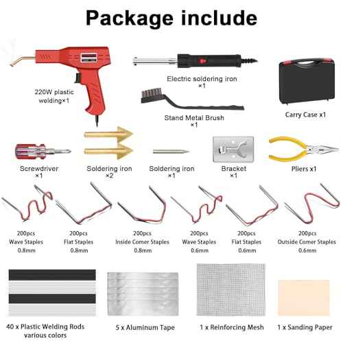 220W Plastic Welder, 1200PCS Staples 40PCS Rods Plastic Welding Kit, 5 in 1 Welding Tips Tape Sandpaper Wire Mesh Stand Metal Brush Screwdriver Plastic Welder Kit Bumper Repair Kit (Red)