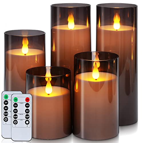 Gray Flickering Flameless Candles Set of 5 - Battery Operated Acrylic LED Pillar Candles with Remote & Timer