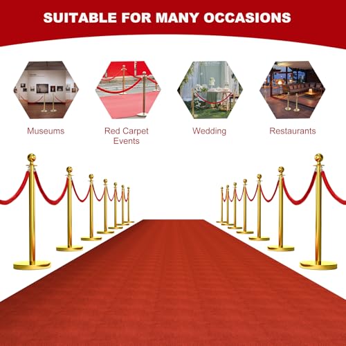 4pcs Velvet Stanchion Rope, 5 Feet Red Velvet Rope Crowd Control Barrier with Gold Plated Clasp for Carpet, Queue Safety Barriers for Party Decorations, Hotels, Theaters, Grand Openings
