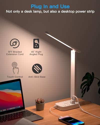 White Small LED Desk Lamp Power Strip with 3 Outlets & 4 USB Ports, 5ft Extension Cord, Touch Dimmable Study Reading Light