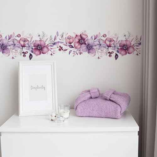 Romantic Purple-Pink Flower Vine Wall Stickers, sacinora Botanical Floral Art Peony Rose Daisy Wall Decals Removable Vinyl Peel and Stick for Living Room Bedroom Bathroom Kitchen Decoration