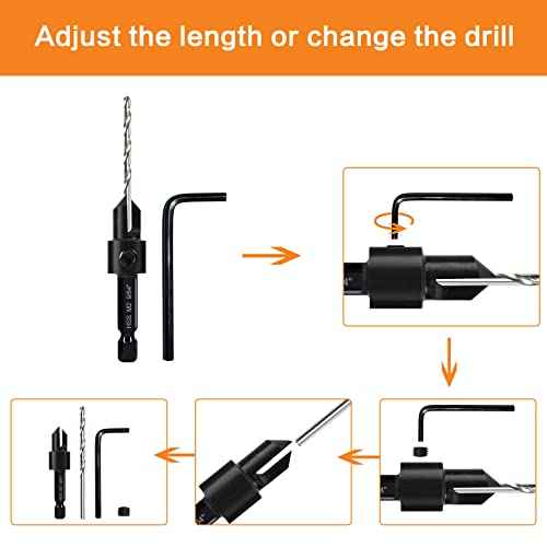3 Pack Countersink Drill Bit Set #10#12#16, 3in1 Woodworking Counterbore Hole Saw Drill Bits, Depth Adjustable M2 Pilot Drill Bits, 82-Degree Chamfer, 1/4" Hex Shank, with 1 Allen Wrench