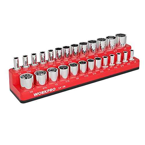 WORKPRO Magnetic Socket Organizer, 1/4-Inch SAE Socket Holder, Trays Hold 26 Standard & Deep Sockets