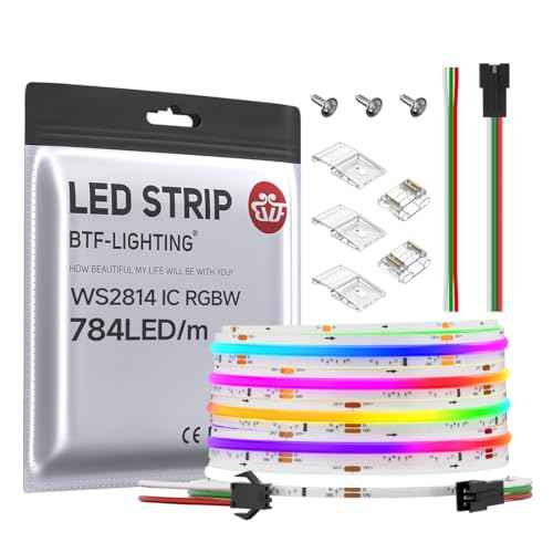 BTF-LIGHTING FCOB WS2814 IC RGBW 6000K COB LED Strip Flexible High Density Uniform Chasing Color Light 24FT DC24V 784LED/m 14IC/m 10mm Width for Home Indoor Decor(No Adapter or Controller)
