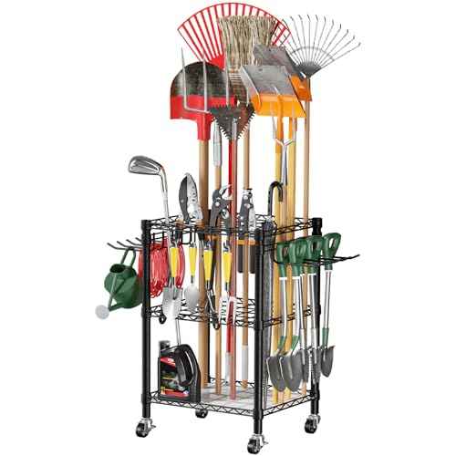T1 Garden Tool Organizer£¨With Lockable Wheels£©Heavy Duty Garage Tool Storage for Yard£¬Shed£¬Outdoor and Lawn£¬Freestanding Tool Organizers and Storage UP to 50 Tools£¬Black with Anti-Tip Device