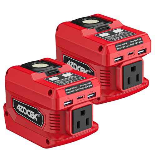 220W Azocek Power Inverter Compatible with Milwau-kee 18V Battery, DC 18V to AC 110V Portable Power Station with 1 AC Outlet, 2 USB Ports & 1 Type-C Fast Charging, 400LM LED Work Light (2-Pack)