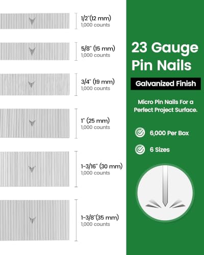 Meite Assorted 6 Sizes Galvanized 23 Gauge Pin Nails for Nail Gun, 6,000 Counts
