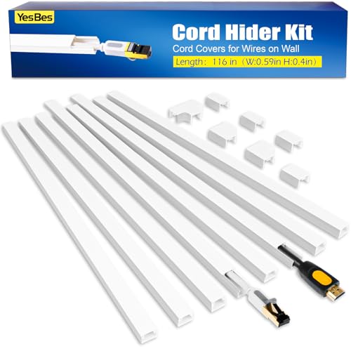 YesBes 116in Wall Cord Hider Kit Paintable Cable Raceway for Wires, White