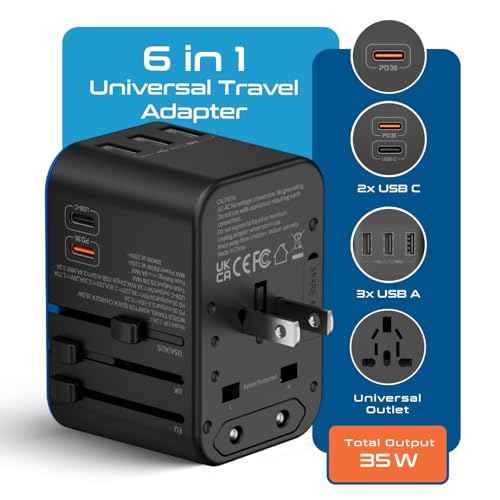 Ceptics Universal Travel Adapter, 35W International Power Adapter with PD & QC 3.0 Dual USB-C, 3 USB Travel Adapter Worldwide, Type I C G A Outlets 110V 220V A/C - EU Euro US UK (11-KU)