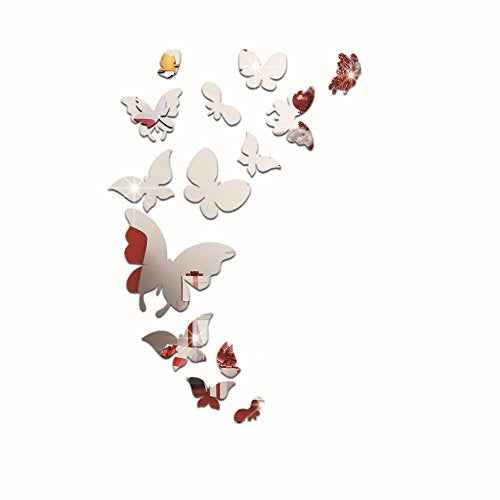 Set 14pcs DIY Butterfly Mirror Sticker, Beautiful 3D Butterfly Mirror Wall Decal&Murals DIY Home Decoration (Silver)