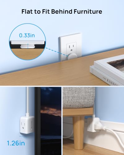 TROND 3 Prong Flat Outlet Extender with 6 Inch Cord, White - Pack of 1