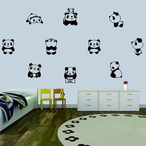 10 pcs Cute Small Panda Wall Decal Sticker Nordic Style Cute Animal Vinyl Wall Stickers for Kids Room Baby Room Nursery Wall Decor Effect Size 34"x64"inch (black-JWH265-Panda)