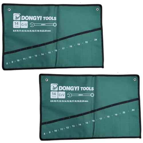 2 Pack Wrench Roll Up Pouch Wrench Set Roll Organizer 14 Pocket Slot Canvas Tool Bag Rolling Pouches for Ratcheting Wrench Set Combination Wrench Sets 8mm to 24mm Metric Wrenches Set