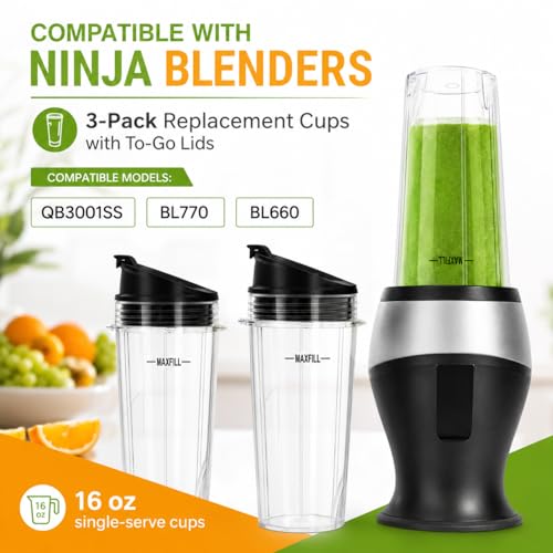16 oz Ninja Blender Cups Replacement 3 Pack with Lids for QB3001SS, BL660, BL770, BL780, BL740 - 4-Tab 16oz