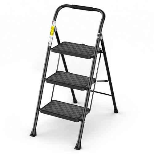 HBTower 3 Step Ladder, 3 Step Stool for Adults, 3 Step Ladder Folding Step Stool with Cushioned Handle Step Ladder with Wide Pedal Ergonomic Design,Black