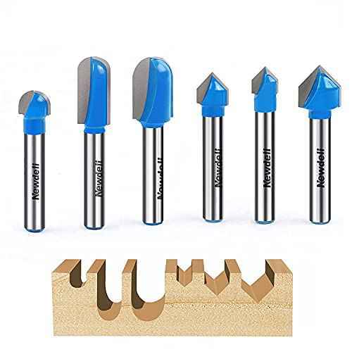 Newdeli 6Pcs Round Nose Router Bit and 90 Degree V Groove Router Bit Set 1/4" Shank Cove Box Router Bits Juice Groove Router Bits CNC Woodworking Tool