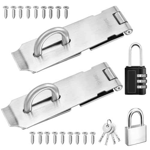 5 Inch Door Locks Hasp Latch 2 Pack,304 Stainless Steel Safety Padlock Clasp Hasp Lock Latch with Combo Lock & Padlock,Heavy Duty Gate Latch Lock with Screws