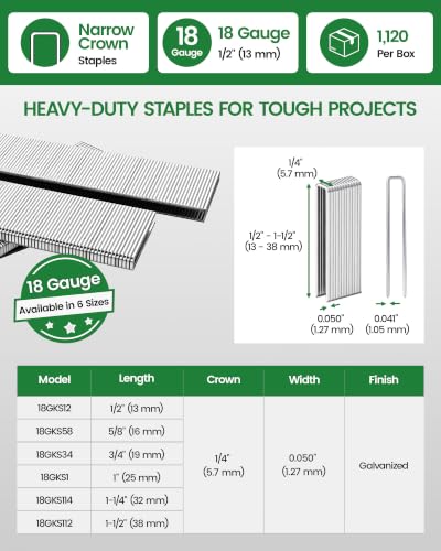 Meite 18 Gauge Narrow Crown Staples 1/2 Inch Length, 1,120 pcs for Upholstery & Fencing