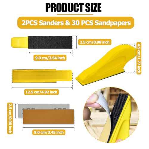 Finger Sander for Crafts, 2 Pack Mini Micro Gator Sander for Crafts with 30 Sheets 3.5 x 1 Inch Sandpaper 80 120 180 240 400 600 Grit Sanding for DIY Wood Finishing Tight Narrow Polishing