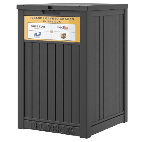 Black 48 Gallon Lockable Outdoor Package Delivery Box with Sign - Waterproof Resin Storage