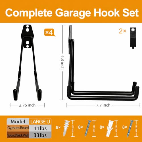 CRXCRC Black Large Square Garage Wall Hooks 4 Pack - Heavy Duty Ladder & Tool Hangers