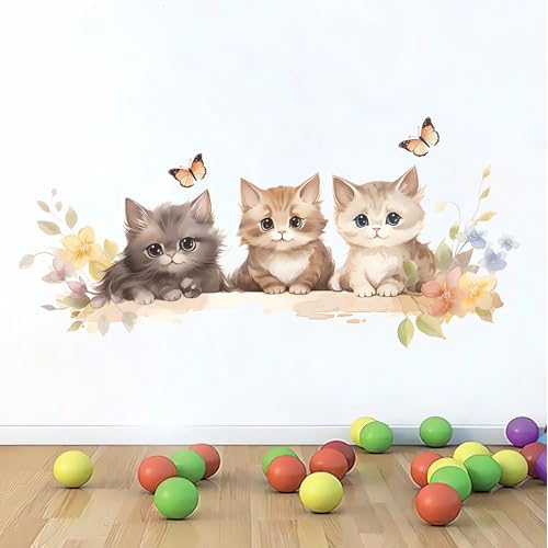 Cozy Kittens Wall Stickers, sacinora Cute Cartoon Cat Butterfly Art Wall Decals Removable Vinyl Peel and Stick for Baby Boy Girl Nursery Living Room Bedroom Toddler Room Kindergarten Home Decorations