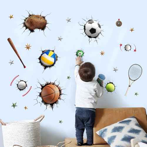 Sports Wall Decals for Boys Room, 3D Sports Basketball Soccer Football Baseball Wall Stickers Art Decor Kids Girls Children Teenage Baby Toddler Bathroom Bedroom Nursery Classroom