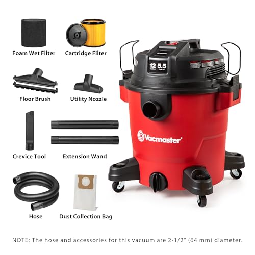Vacmaster 12-Gallon Heavy-Duty Wet/Dry Shop Vacuum with 5.5 Peak HP, Red