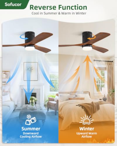 Sofucor 52 Inch Walnut Brown & Black Wood Ceiling Fan with Lights & Remote, Low Profile