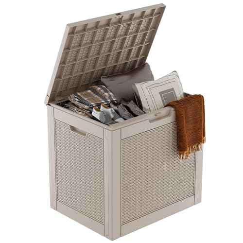 DRATO 31 Gallon Deck Box, Outdoor Storage Box for Patio Cushion, Garden Tools, Waterproof Resin Storage Box (Light Brown)